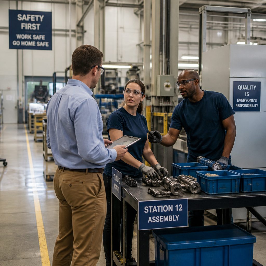 Operators and a process board on a plant floor