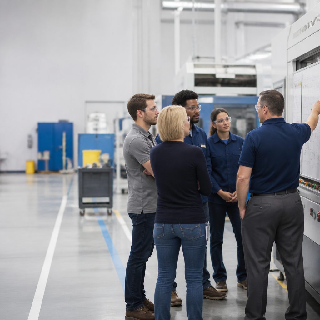 Team reviewing a root cause problem on the shop floor
