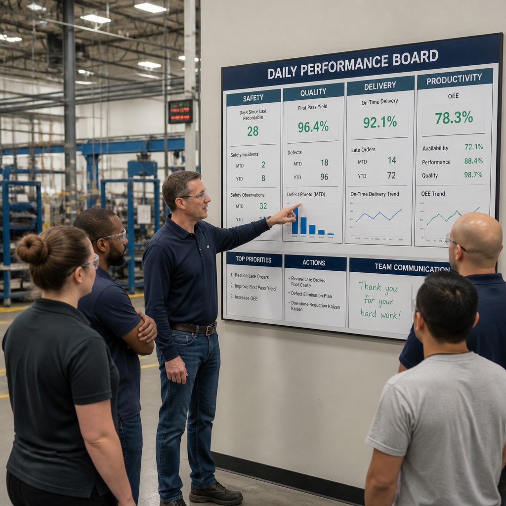 Daily performance board briefing led by a plant leader